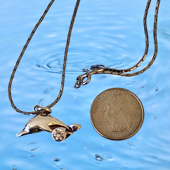Dolphin Pendant & Necklace Sterling Silver CZ as is - Picture 6 of 10